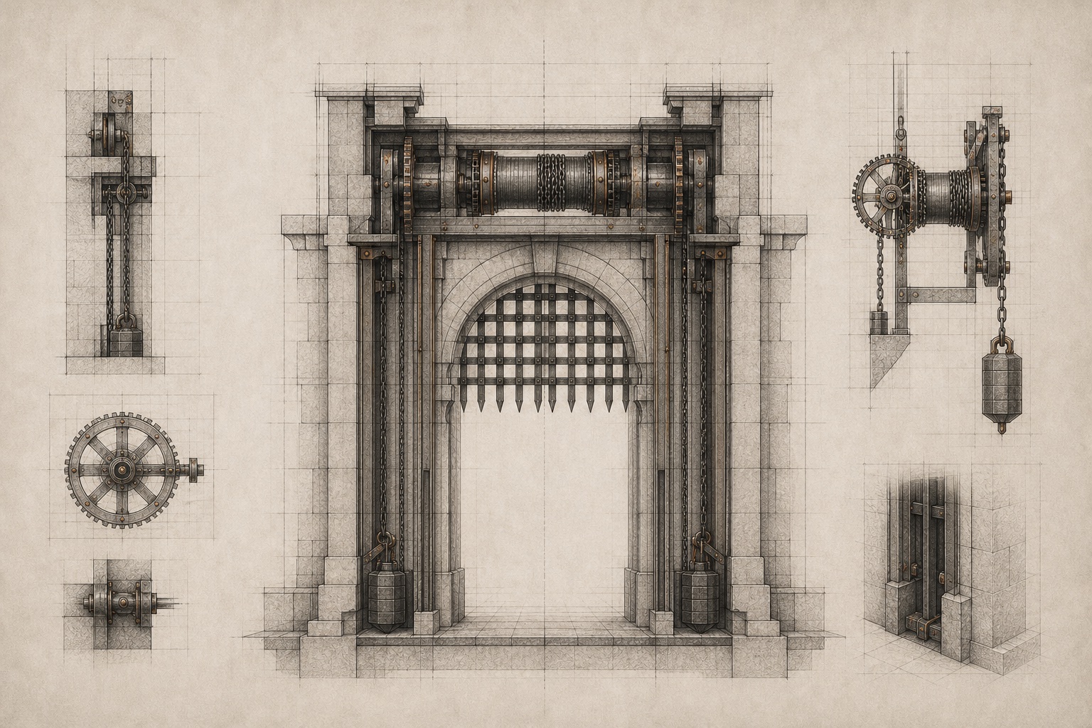Architectural drawing of a portcullis gate mechanism with chains, counterweights, guide tracks, and a settlement threshold